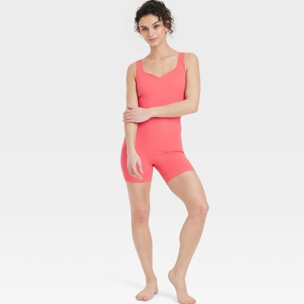 All in MotionPink Built in Bra Brushed Sculpt Rib Short Active Bodysuit (L)